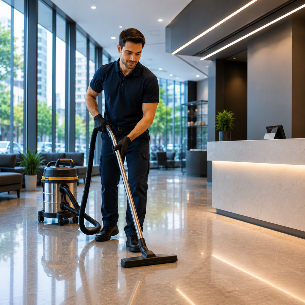 Commercial cleaning service for shops, small businesses, shared areas, washrooms, floors, and reception spaces