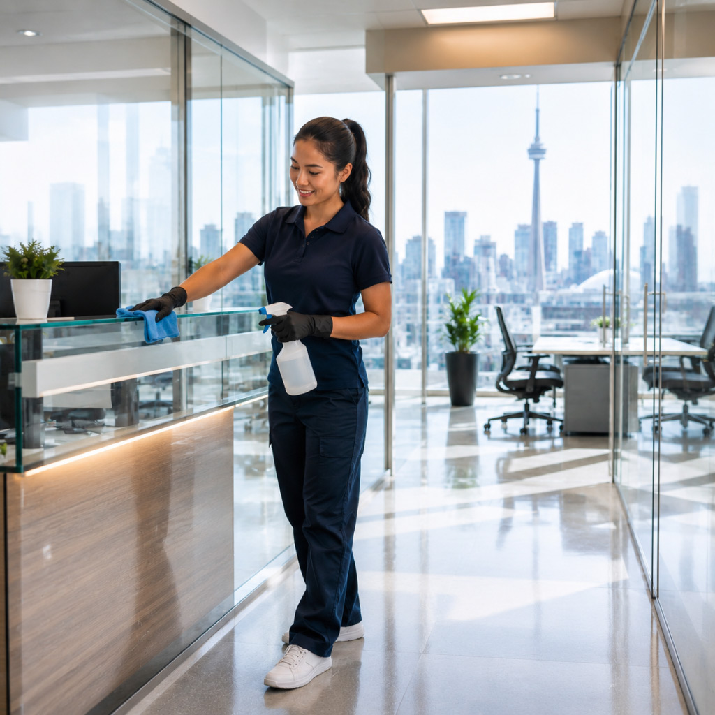 Professional office cleaning service for desks, work areas, floors, washrooms, and shared spaces